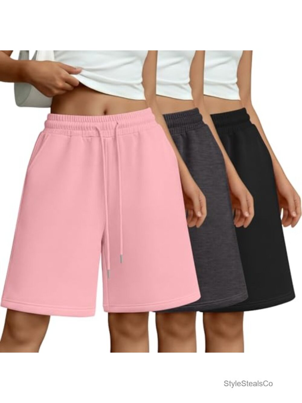3 Pack Women Bermuda Shorts Athletic Sweat Shorts Knee Length Drawstring